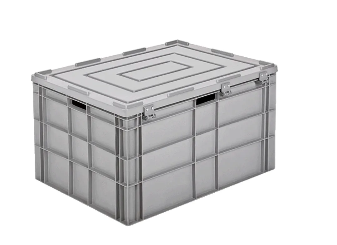 Ящик 800х600х450 сплошной, усиленное дно, открытые ручки, с крышкой цв. серый, код: 40216