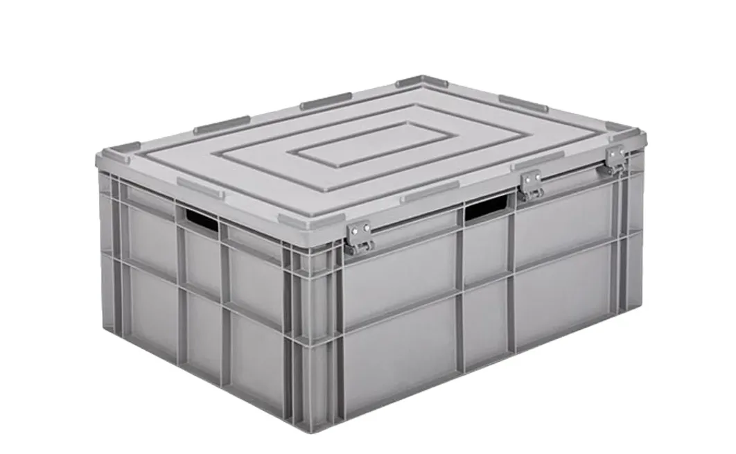 Ящик 800х600х360 сплошной, усиленное дно, открытые ручки, с крышкой цв. серый, код: 40215