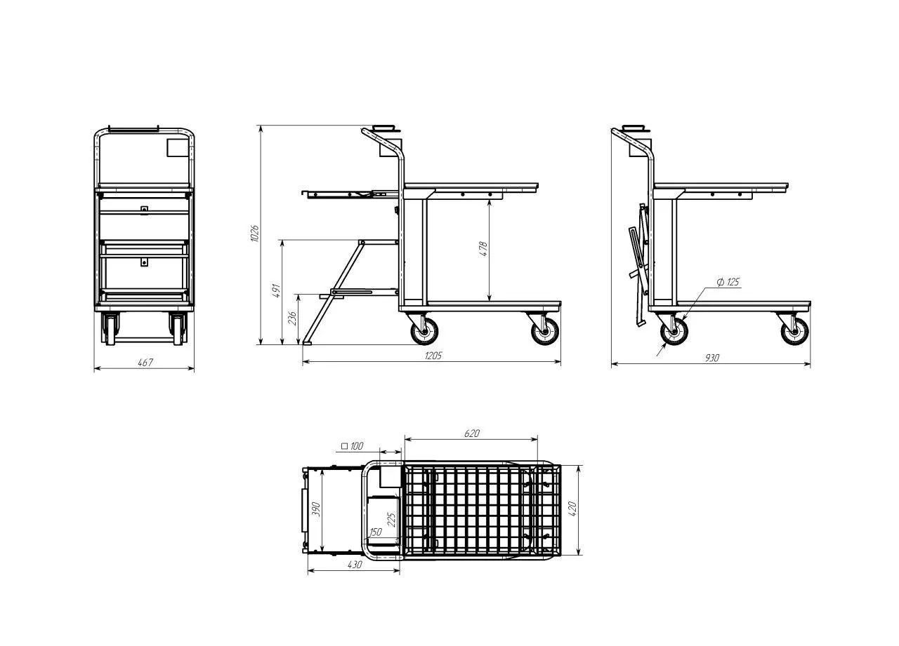 Тележка для подбора с выдвижным столом и держателем ТСД