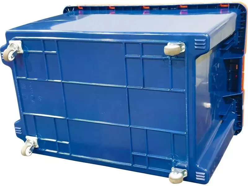 Ящик с крышкой 600х400х350 на колёсах, синий с оранжевой крышкой, код:25754