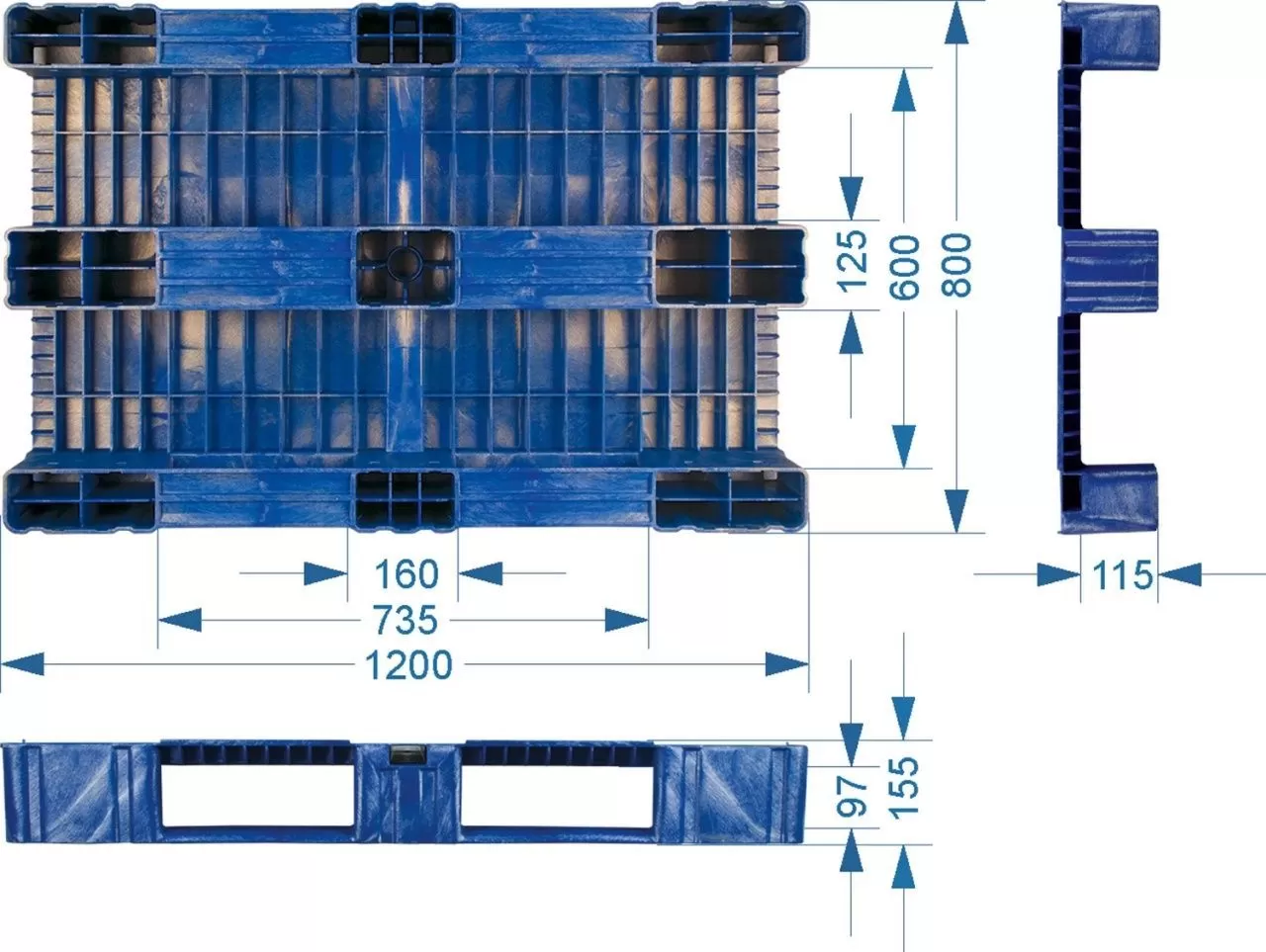 Паллет 1200x800х150 сплошной, на 3-х полозьях, арт. TR 1208-1 синий, код: 08695